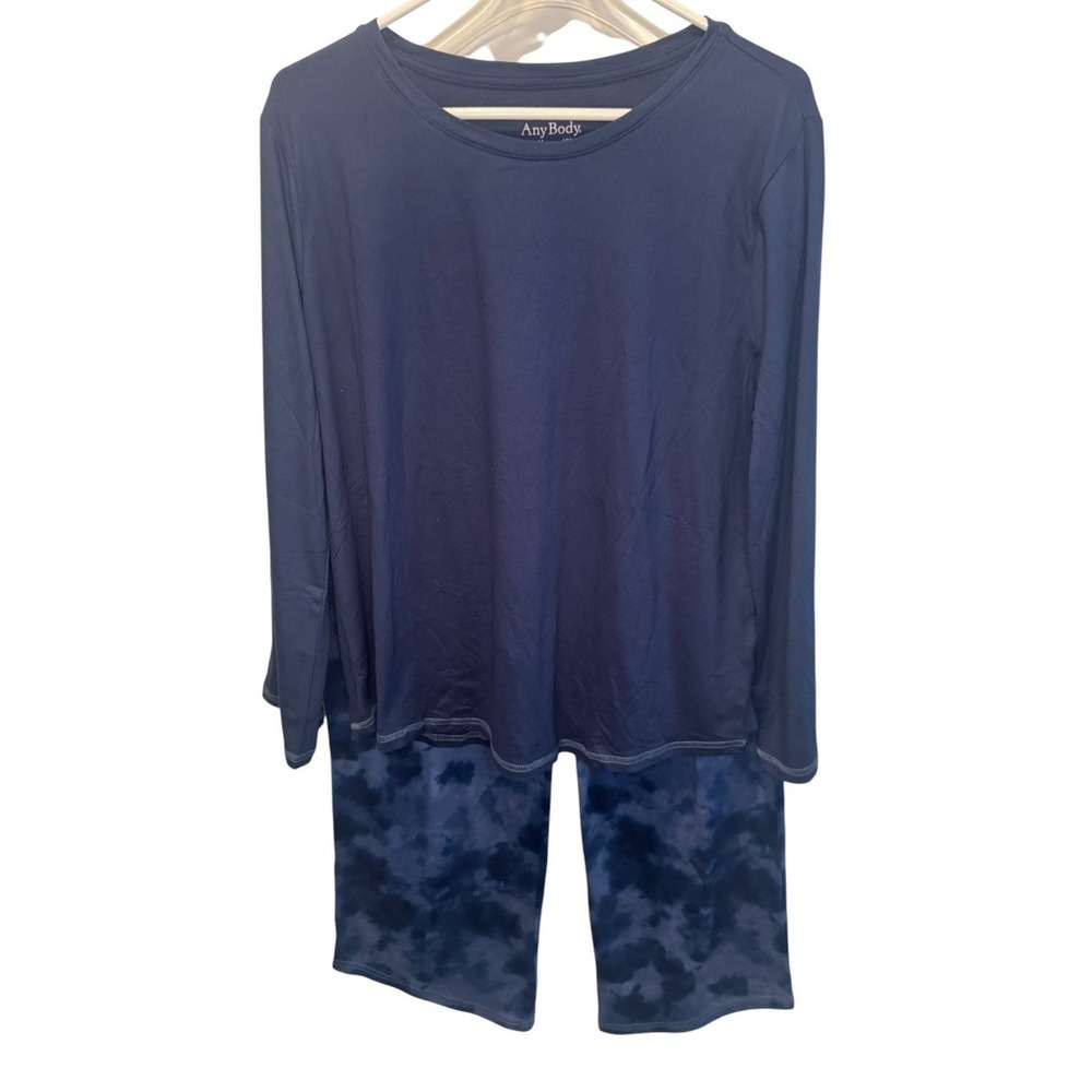 AnyBody Womens Blue Knit Pajama Set Long Sleeve Tie Dye Crop Pants M NEW